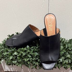 Calvin Klein Cicelle Black Peep Toe Block Heel Mules Size 9
